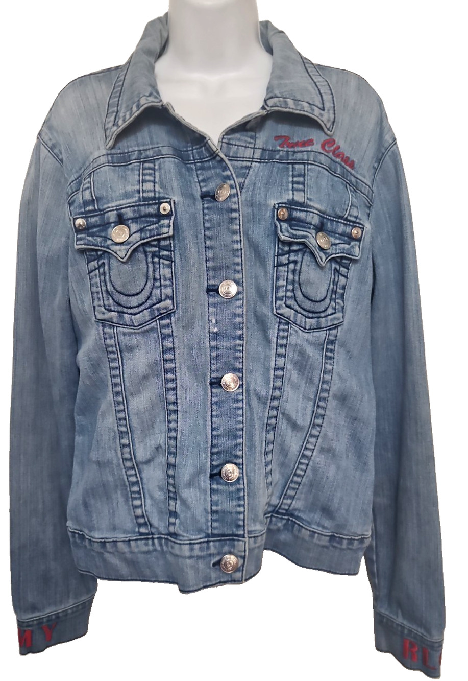 True Religion Women's XL Embroidered Denim Trucker Jacket – Light Blue Wash